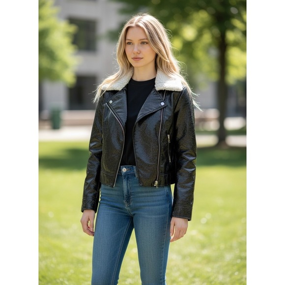 Aritzia Jackets & Blazers - Aritzia Wilfred Tempest Jacket Small Black Patent Faux Leather Sherpa Collar NWT